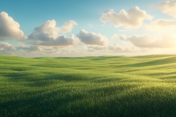 Obraz premium A vibrant green wheat field stretching into the distance under a clear blue sky . 
