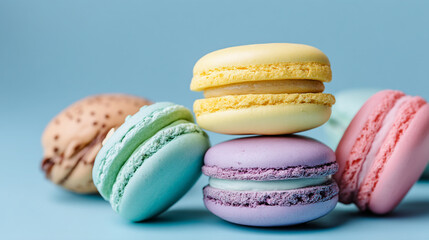 Stacked Colorful French Macarons on a Bright Blue Background. Delicious Sweet Dessert.
