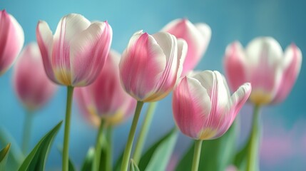 Fototapeta premium Bright pink and white tulips are in full bloom with their petals tightly closed together. The soft petals exhibit a subtle sheen and the green stems have sprouted up from the soil