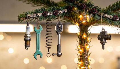 Creative automotive themed christmas tree decorated with mechanical tools, spark plug ornaments, and warm festive string lights