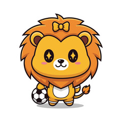 Cute cartoon lion cub holding a soccer ball with a happy expression.