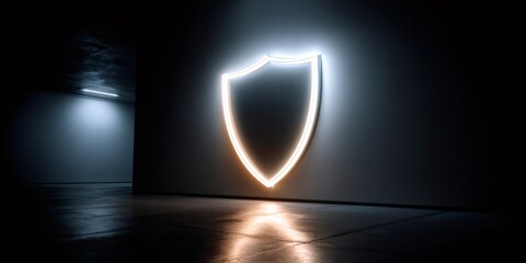 Neon shield symbol glowing in dark modern tunnel