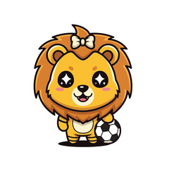 Cute cartoon lion cub holding a soccer ball with a happy expression.