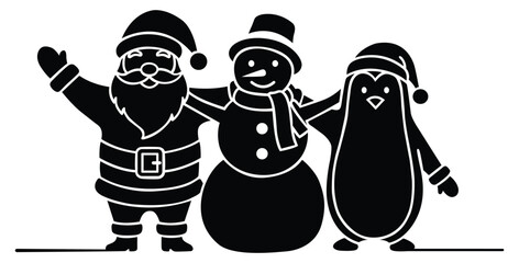 Merry Christmas Celebration Scene with Santa Snowman and Penguin in Silhouette Style