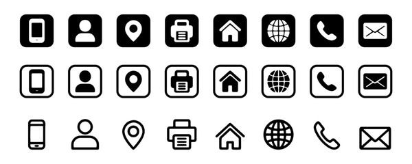 Contact icon set, contact us in line and solid style. Website icons set address, location, number, email, phone, website, message, icon collection, communication contact. vector illustration