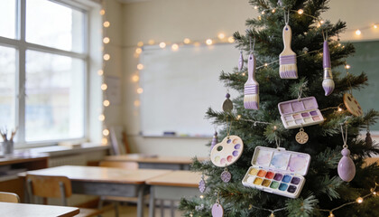 Decorated classroom christmas tree with watercolor paints and art brushes hanging as creative ornaments during festive holiday season