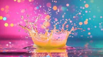 Splash captured in glowing neon color, droplets frozen midair with high contrast for maximum intensity