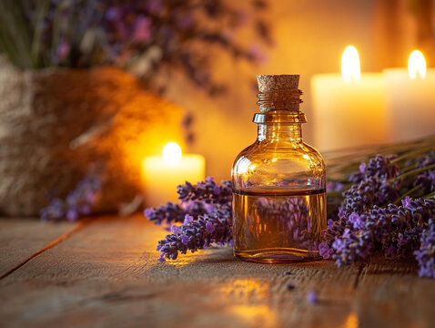 A glass bottle with purple liquid, suggesting lavender essential oil, next to a fresh bunch of lavender flowers in a soft, dreamy purple and gold light.