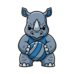 Cute cartoon rhino character holding a rugby ball.