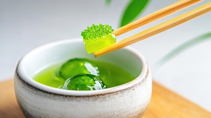 The elegance of wagashi on display as chopsticks reveal the velvety matcha center in a beautiful close-up