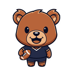 Cute cartoon teddy bear wearing a sports uniform holding a football.