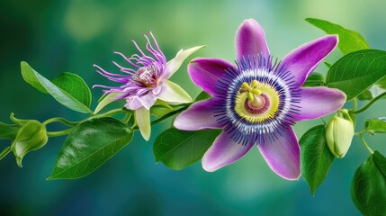 The elegant symmetry of Passiflora incarnata, with fine tendrils and floral structure captured in stunning close-up
