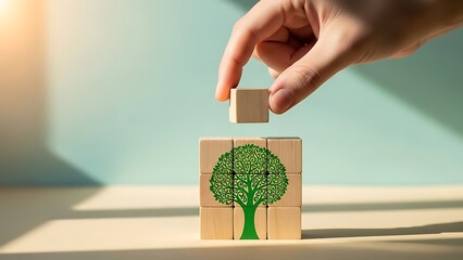 A hand stacking wooden blocks with a tree design for eco friendly and sustainable practices