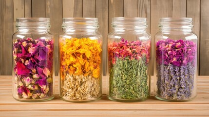 Transparent jars of dried herbs and flowers showcase vibrant colors and rustic charm on a natural wood surface