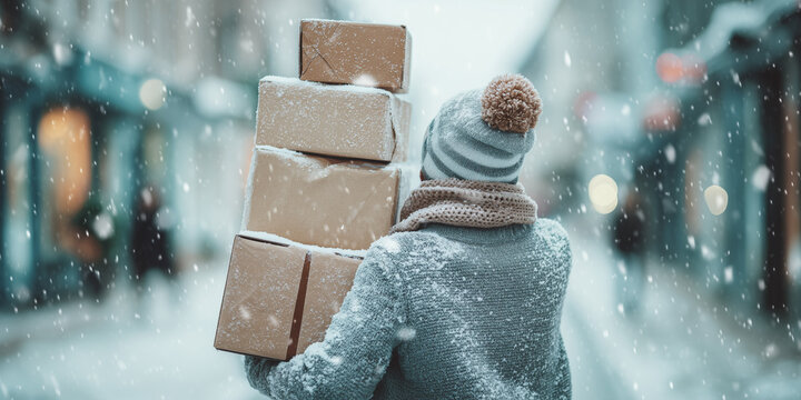 Person walking through heavy snowfall, carrying a stack of delivery boxes. Concept of winter shopping and holiday season delivery