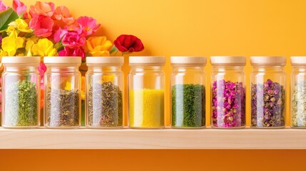 Vibrant herbal blends and petals in clear jars line a wooden shelf, representing natural wellness and aromatics