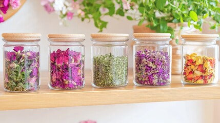 Vibrant herbal blends and petals in clear jars line a wooden shelf, representing natural wellness and aromatics