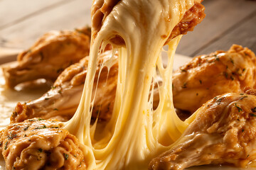 Cheesy chicken wings being pulled apart