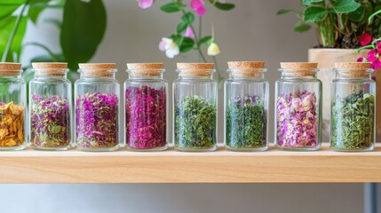 Vibrant herbal blends and petals in clear jars line a wooden shelf, representing natural wellness and aromatics
