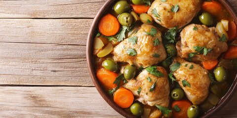 A bowl of food with chicken and carrots. The carrots are cut into small pieces. The bowl is on a wooden table