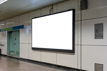 Empty digital billboard mockup in subway station or underground train platform, Horizontal blank advertising screen on white wall in public transport area, Copy space for marketing message display
