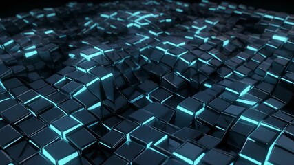 Dynamic 3D animation of interconnected dark cubes with glowing blue edges forming a rippling abstract wave, symbolizing digital data flow and futuristic technology - Powered by Adobe