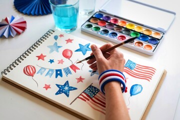 Child paints patriotic fourth of july decorations in a sketchbook