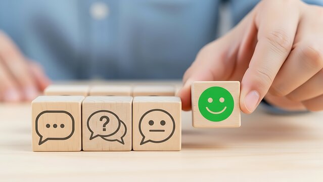 A person changing their emotional state to a happy one by choosing a positive smiley face on a wooden block