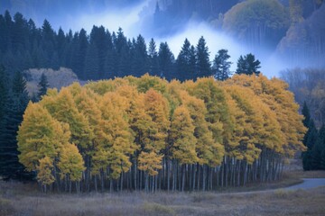 Vibrant autumn aspen grove against a misty mountain backdrop