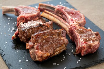 Gourmet lamb chops prepared for cooking on a slate board