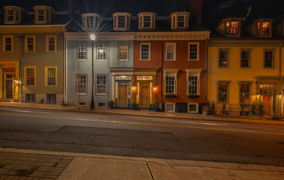 Dawn view of historic rowhouses in downtown Halifax, Nova Scotia, Canada