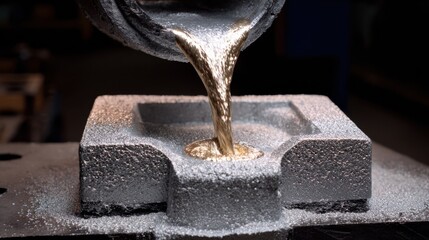 Medium shot of liquid aluminum filling a textured sand mold highlighting granular details and traditional casting technique.