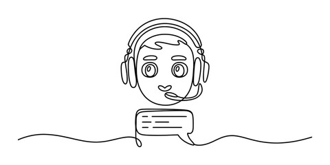 Continuous line drawing of a customer service representative with a headset and chat bubble icon Vector, illustration