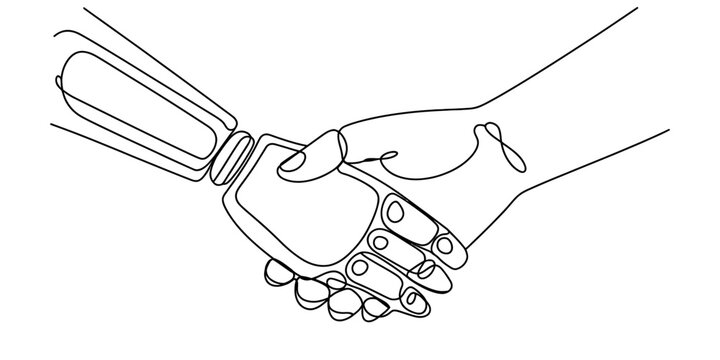 A continuous line art depiction of a human hand shaking hands with a robot hand, symbolizing technology and human partnership. Vector, illustration