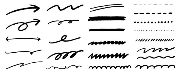 手書きの線の素材セット。アンダーラインや強調のベクター素材。波線、螺旋、点線、矢印。