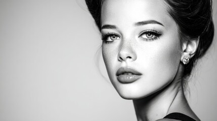 Fototapeta premium A model stands in a studio with a focused look on her face. The lighting highlights her features in black and white. She showcases a simple earring and elegant hairstyle