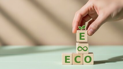 Eco friendly concept with hand building green blocks on a table surface