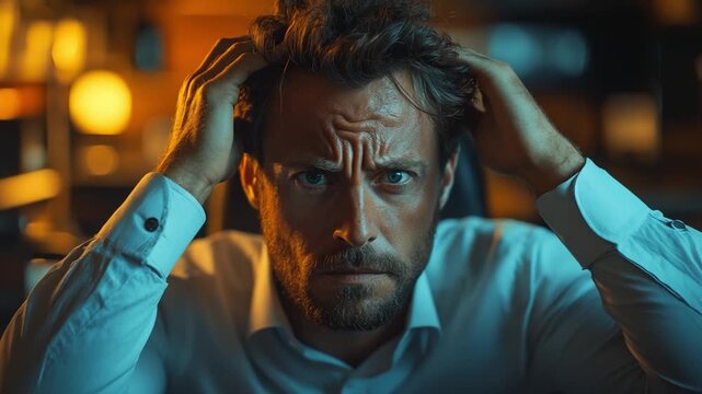 Stressful Encounter: A man, captured in a moment of intense pressure, gripping his hair, his eyes reflecting the weight of his worries and challenges.