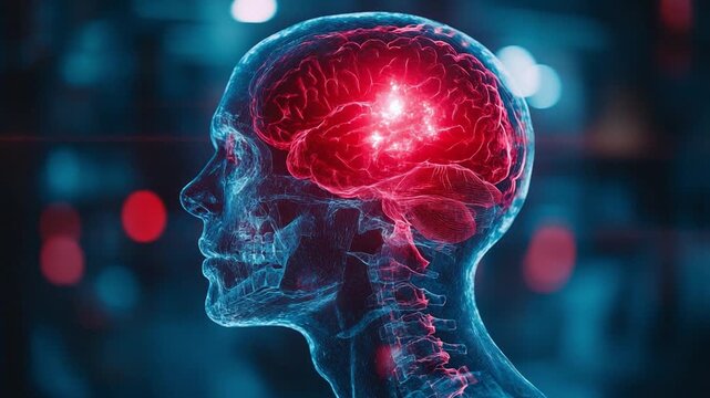 Brain's Glowing Panorama: An intimate depiction showcases the human brain, illuminated with a vibrant red glow. A visual exploration of the complex organ, accompanied by its skeletal framework. 