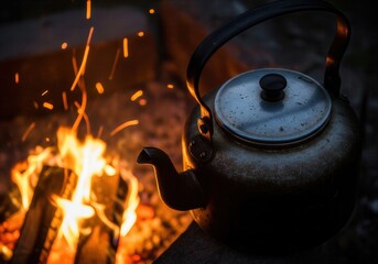 Weathered Kettle Resting Beside A Blazing Campfire