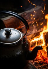 Weathered Kettle Resting Beside A Blazing Campfire