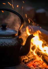 Weathered Kettle Resting Beside A Blazing Campfire