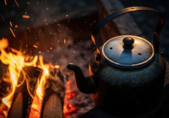 Weathered Kettle Resting Beside A Blazing Campfire