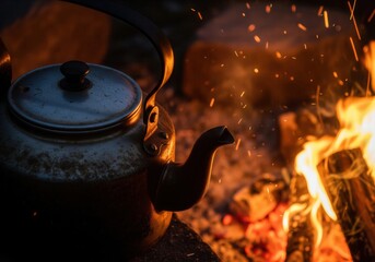 Weathered Kettle Resting Beside A Blazing Campfire
