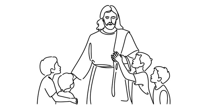 A simple line art illustration of jesus christ embracing and blessing young children, suitable for coloring Vector, illustration