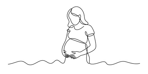Continuous line drawing of a pregnant woman holding her belly with love and tenderness Vector, illustration
