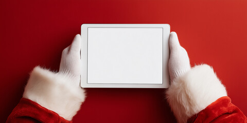 Santa claus hands in white gloves and red coat holding a blank white display tablet against a rich red background copy space christmas