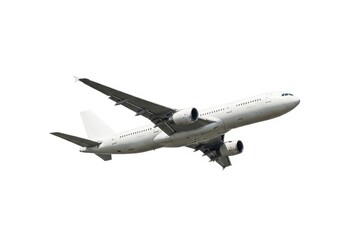 Obraz premium Commercial passenger jet aircraft flies upward against a stark white background