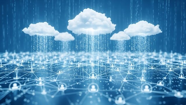 Cloud computing concept with data flowing from digital clouds to a network of interconnected users - Powered by Adobe