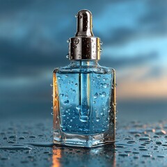 Glass dropper bottle with blue liquid and water droplets, set on reflective wet surface against soft blue and orange sky, representing skincare serum, hydration, and luxury beauty product.